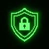 Pixel shield icon with neon green glow, representing security